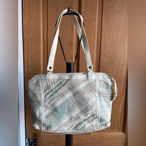 Vintage coastal grandma purse, fabric with leather detail